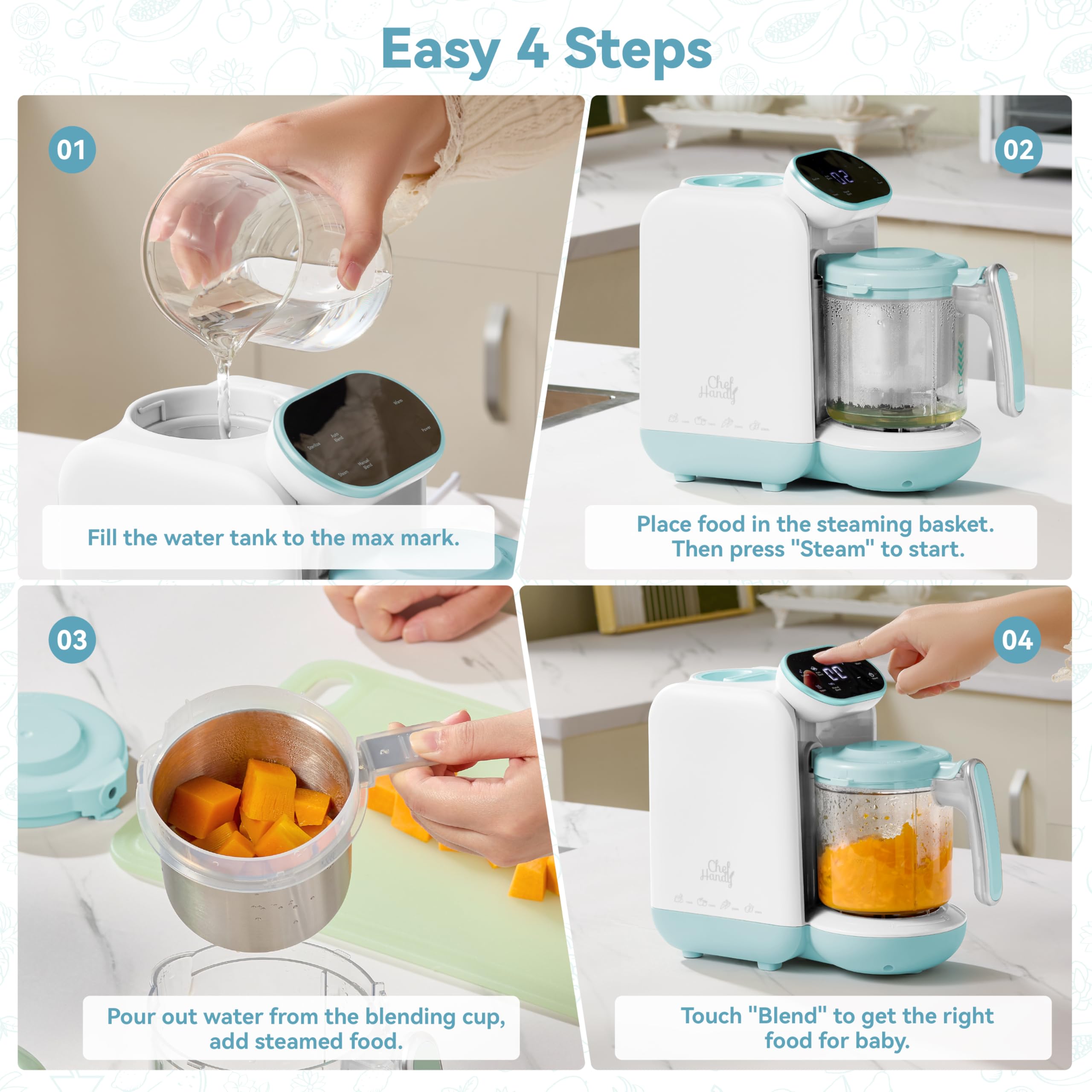 Chefhandy 5-in-1 Baby Food Maker with Steam Basket & Touch Screen | Baby Food Processor and Steamer | Auto Steam, Blend, Milk Warmer | Baby Steamer & Blender for Healthy Homemade(White Blue)