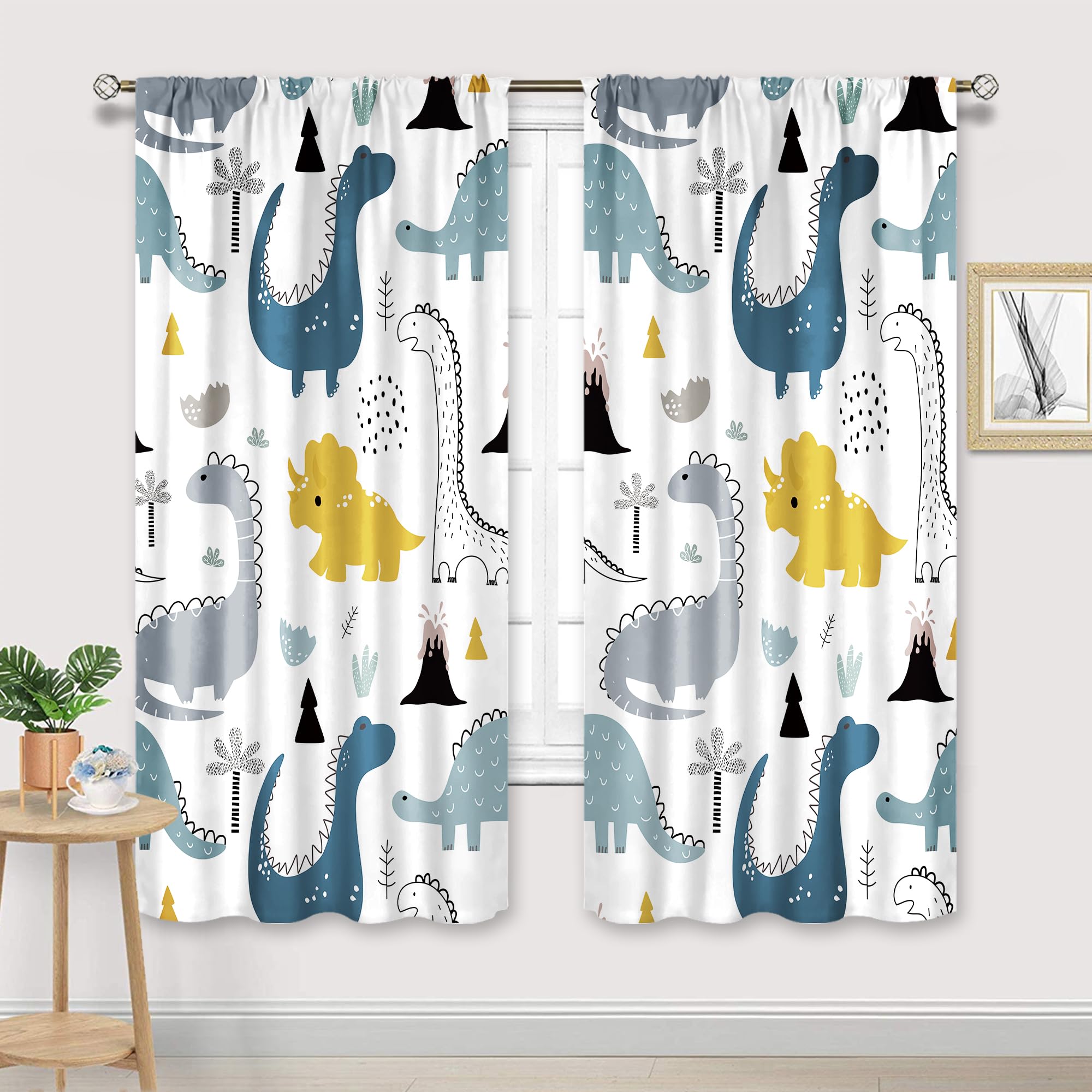 Kids Dinosaur Curtains 42Wx63L Inch Rod Pocket Cartoon Dino Baby