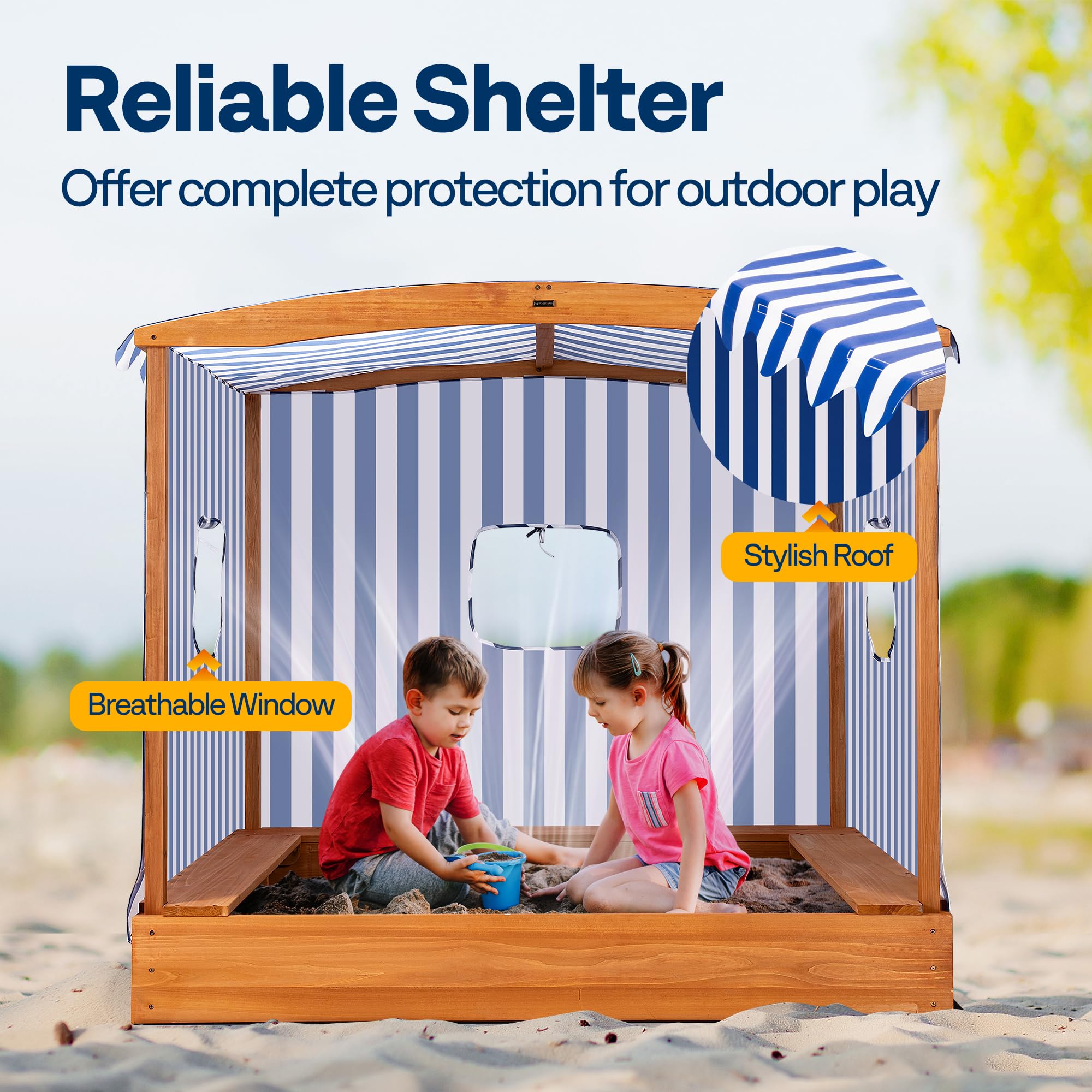 Fir Wood Sandbox with UV-Blocking Canopy and Benches