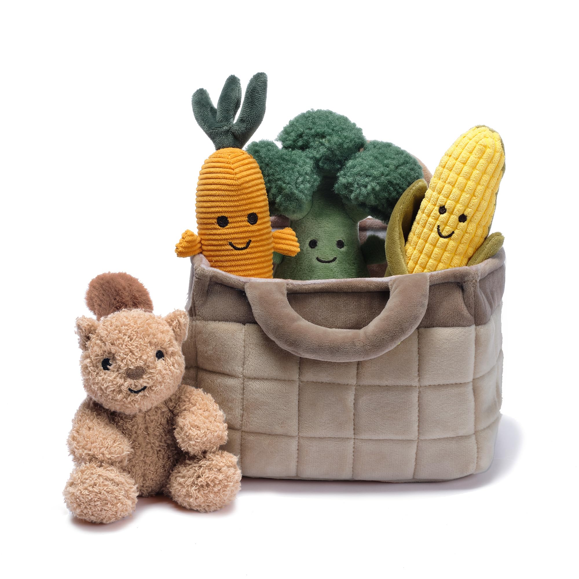 Plush Veggie Basket Play Set with Interactive Stuffed Vegetable Toys