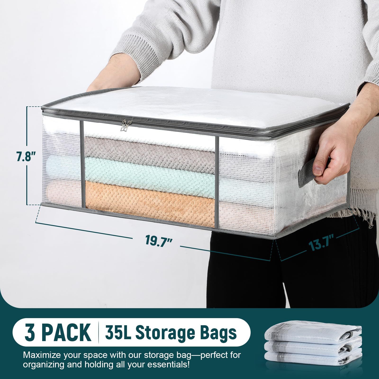 Foldable Clothes Storage Bags with Clear Window - 3 Pack
