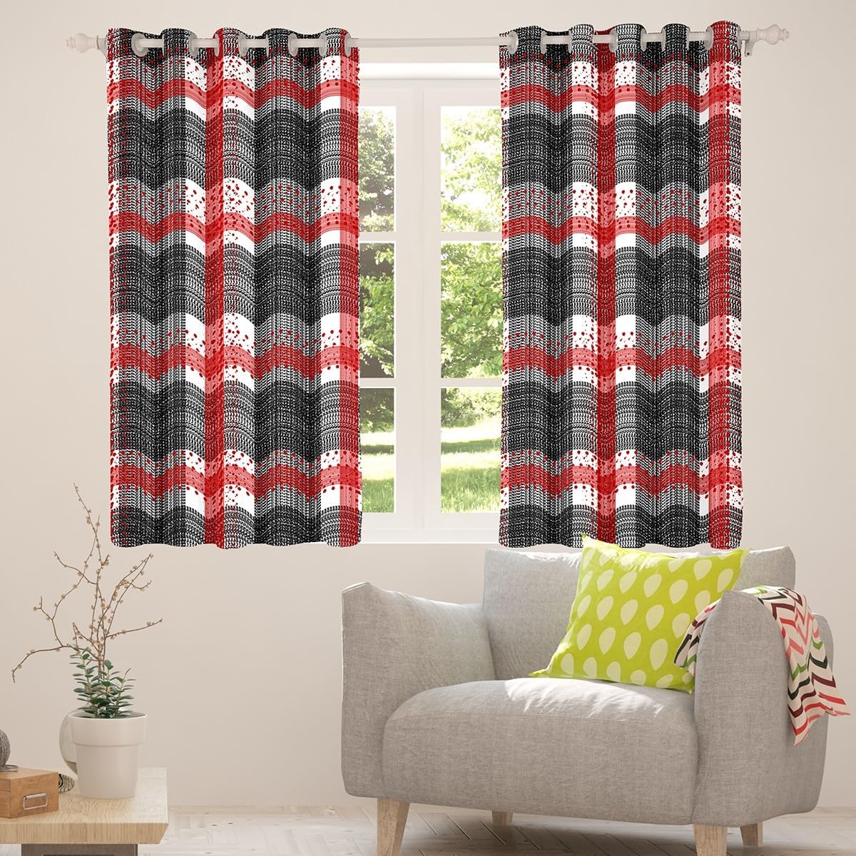 Geometric Lattice Kids Darkening Drapes Bedroom Red Plaid