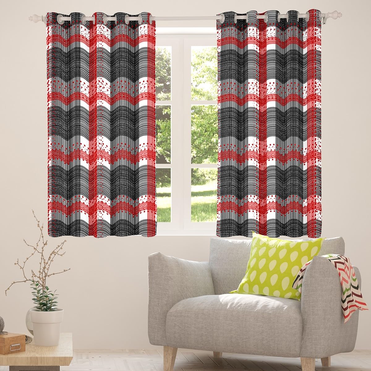 Geometric Lattice Kids Darkening Drapes Bedroom Red Plaid