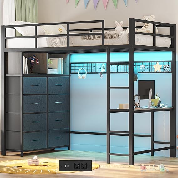 Twin Size Loft Bed with Desk and 8 Storage Drawers