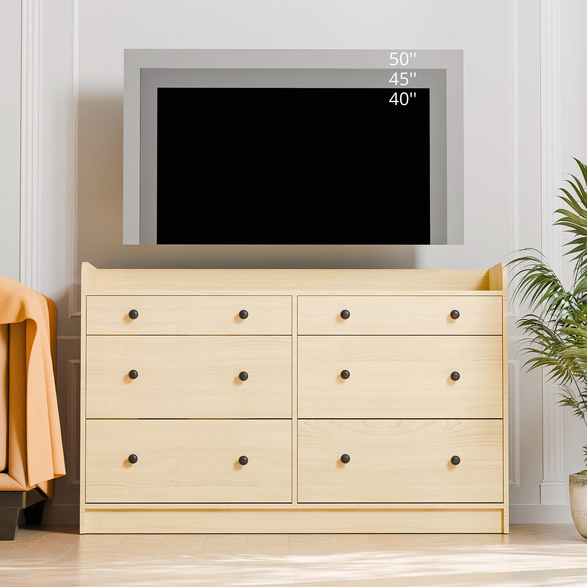 6 Drawer Wood Dresser Cabinet 52 Inch Long Modern Sideboard