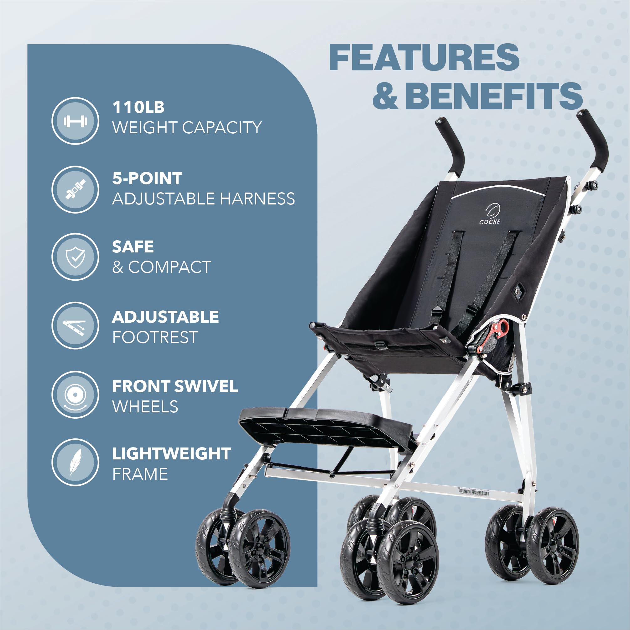 Coche XL Special Needs Stroller, Disability Stroller for Older Child, Larger Size Pushchair, Easy Folding System, Lightweight Aluminum Frame (Blue)