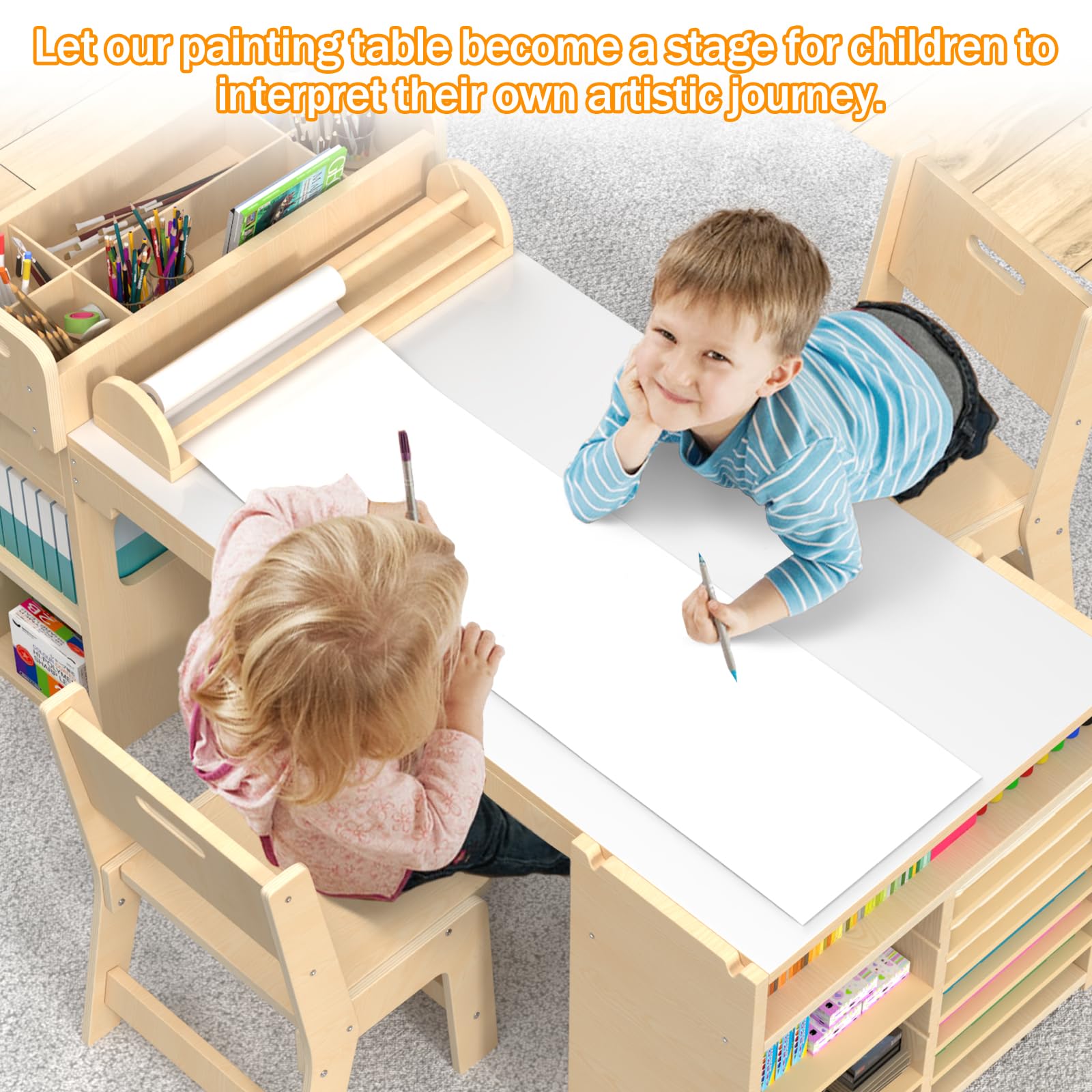 Kids Art Table and Chair Set with Storage and Paper Roll Rack
