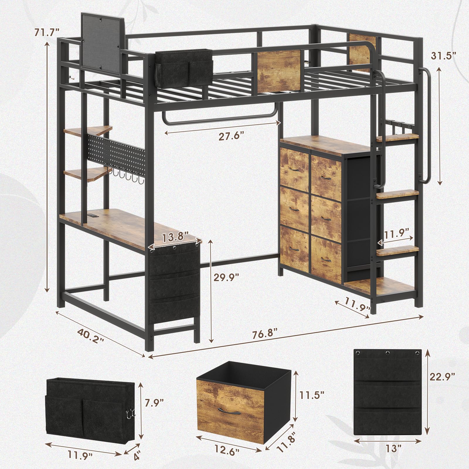 Twin Loft Bed with Desk and Storage