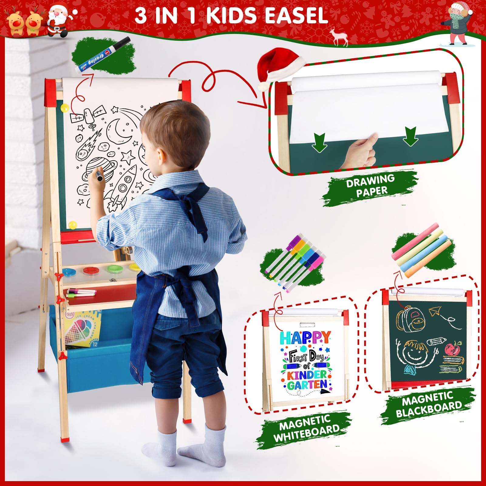 Adjustable Wooden Easel for Kids – Foldable Art Easel with Paper Roll, Magnetic Double-Sided Whiteboard & Chalkboard, 130+ PCS Accessories, Ideal Gift for Toddlers & Children Ages 2-8