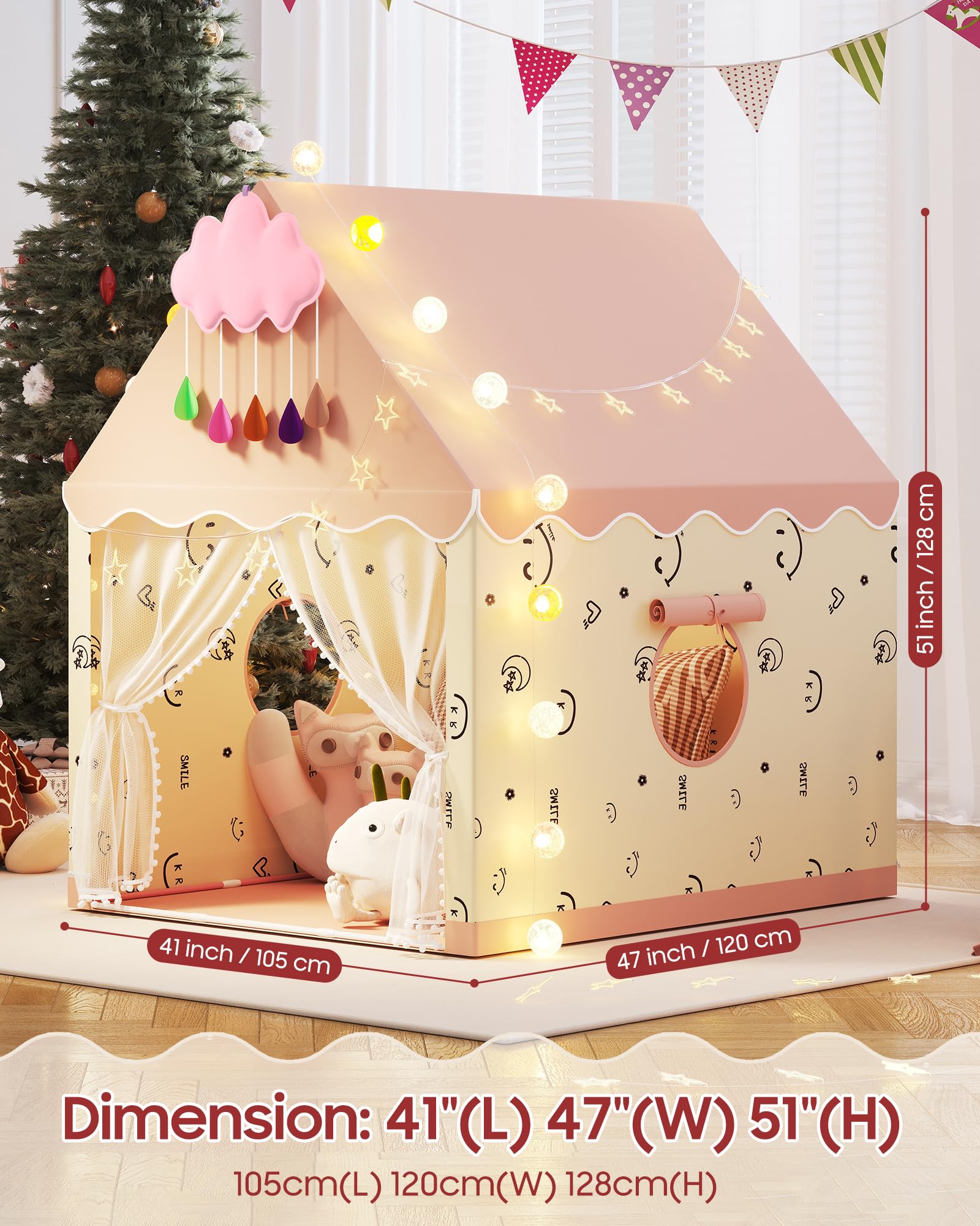 Kids Play Tent, Princess Tent Indoor Playhouse Set with Star Lights, Ball Lights, Colorful Flags, Butterflies, Clouds - Pink Tents for Kids Toddle Castle for Girls Toy House Gift