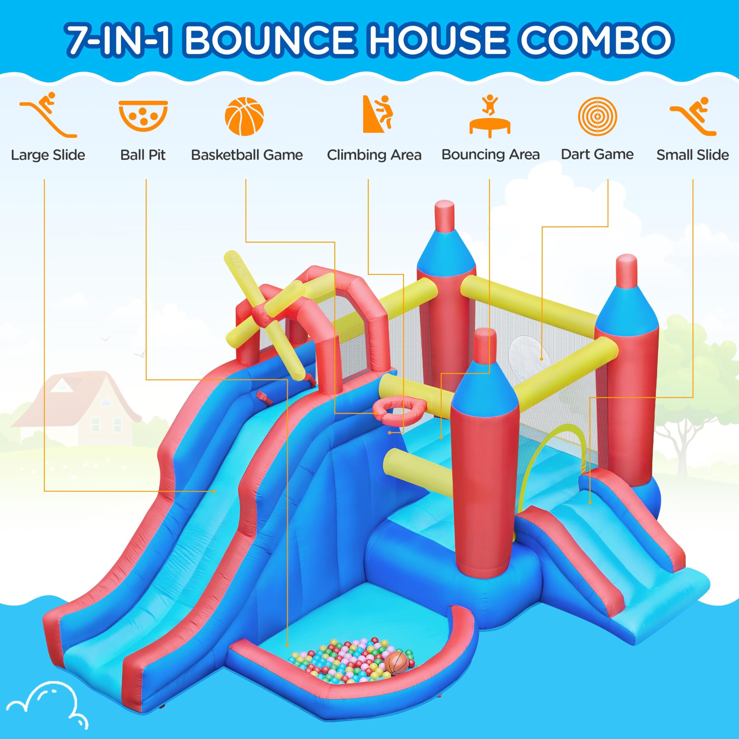 7-in-1 Inflatable Bounce House with Water Slide and Ball Pit