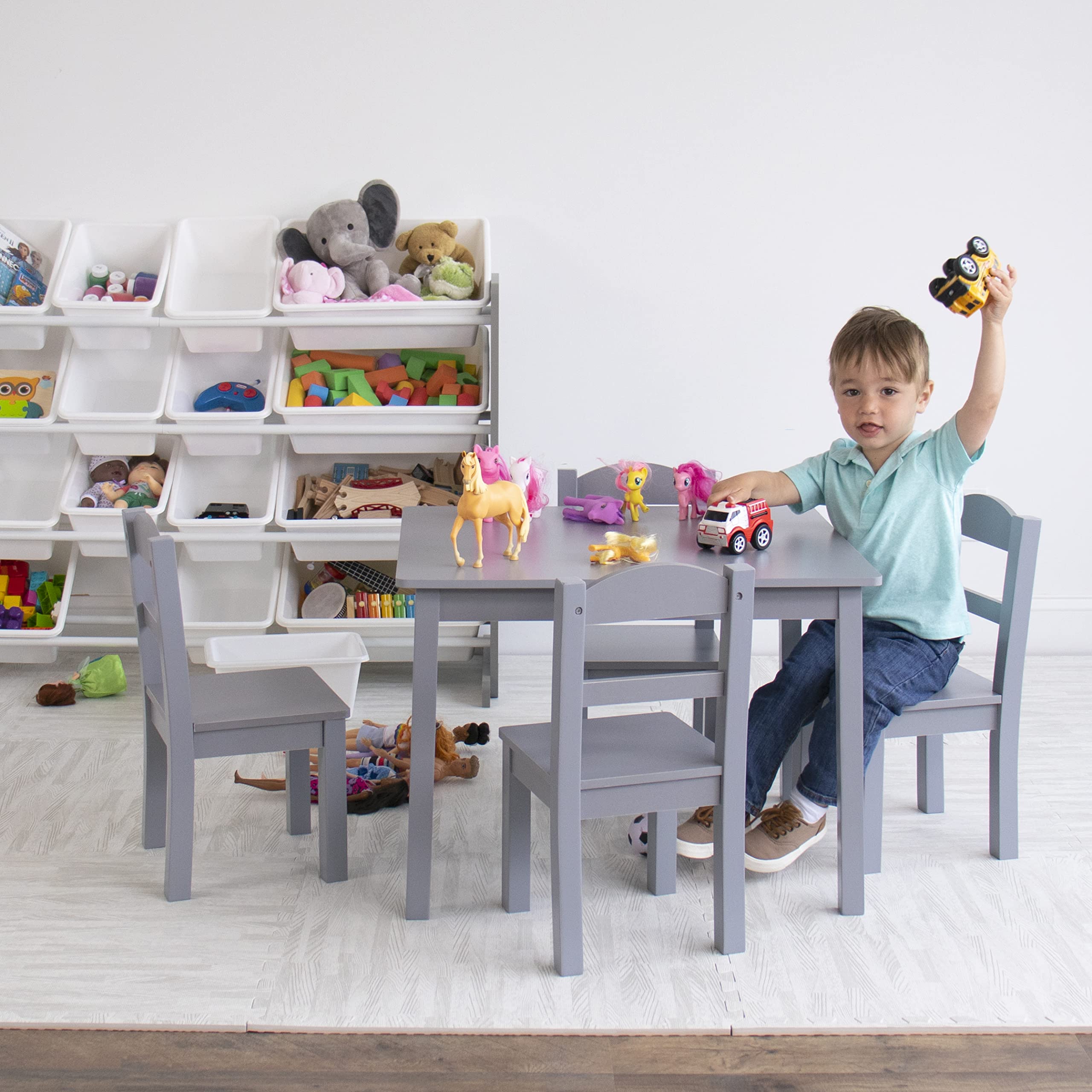 Kids Wooden Table and 4 Chairs Set, Grey - Kids Table and Chair Set