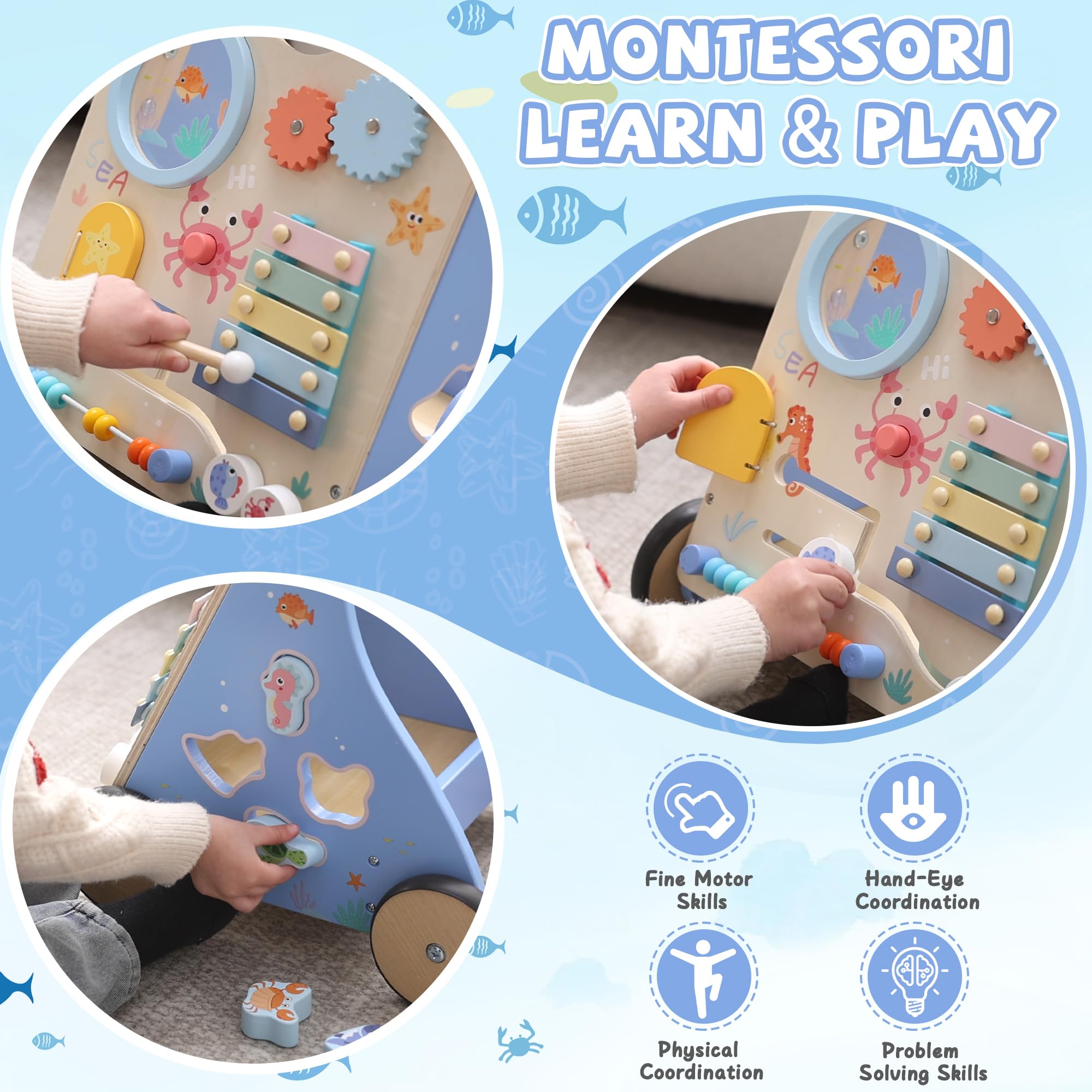 Ocean-Themed Wooden Baby Walker with Activity Center