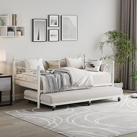 Daybed with Trundle Bed, Twin Size Day Bed with Floral Headboard
