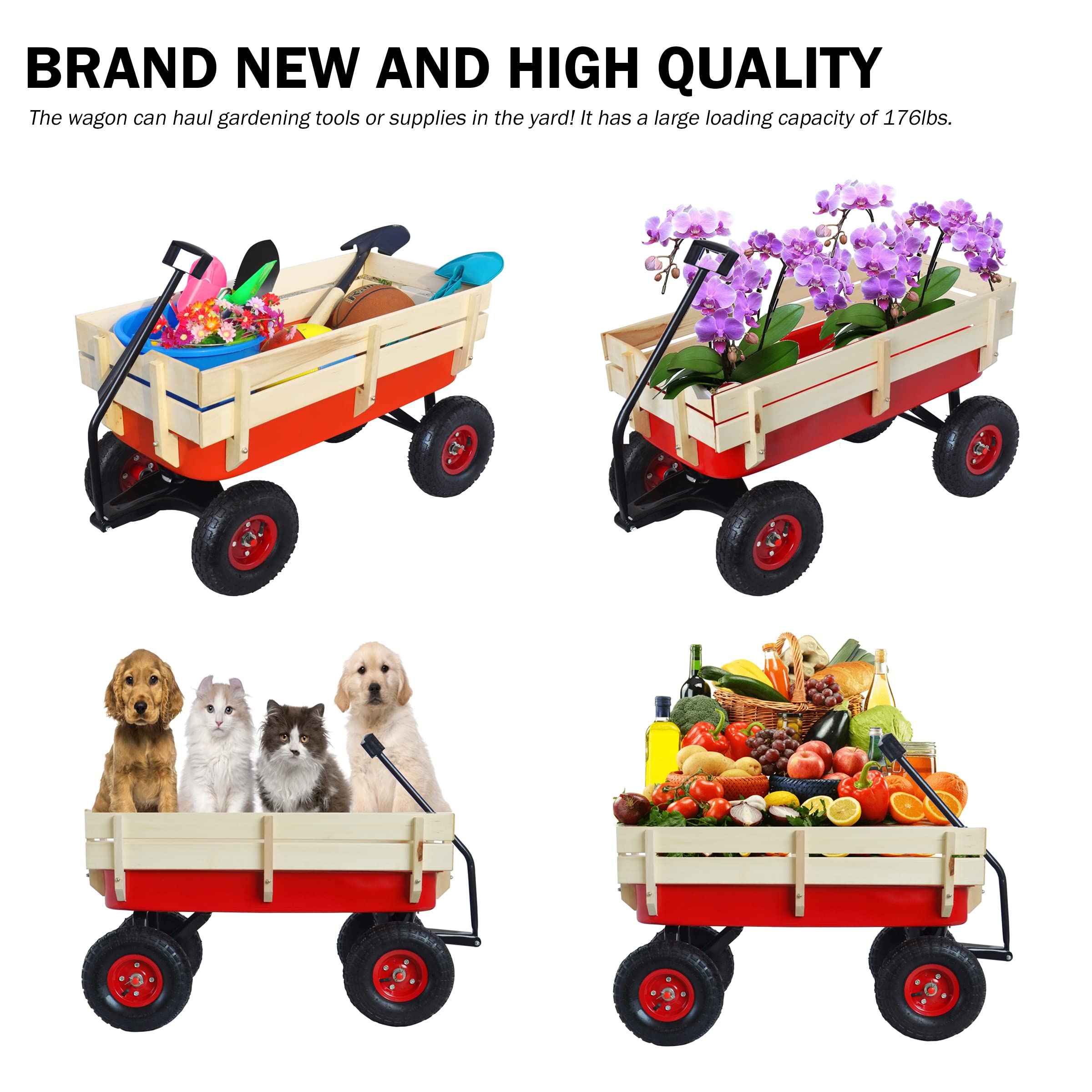 Sanch Ancha Heavy Duty Steel Wooden Side Support Cargo Wagon with 10” All-Terrain Air Tires, Up to 176lb Haul Capacity, Effortless Foldable Handle Cart for Towing Kids Toys, Gardening Supplies (Red)