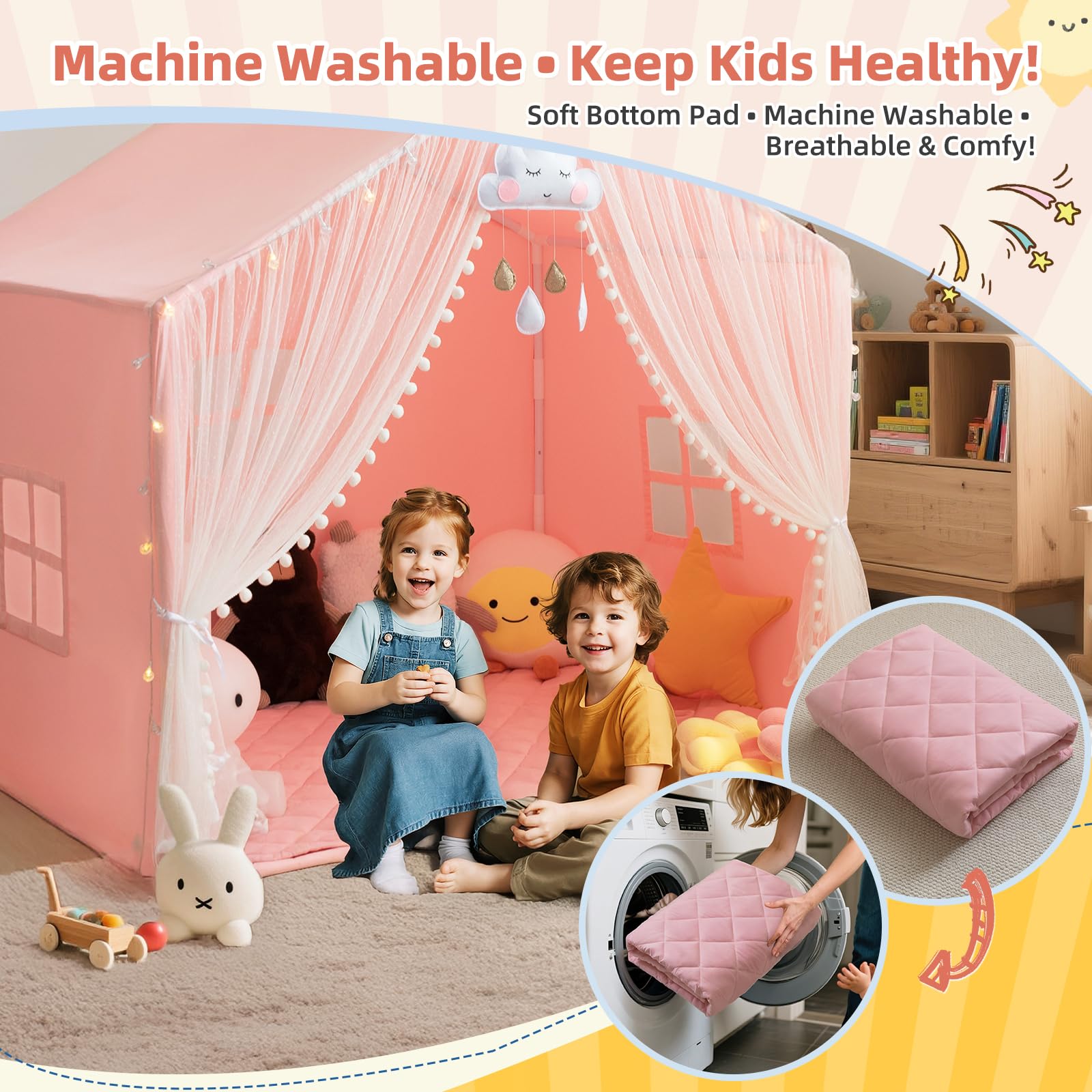 Large Kids Play Tent with Padded Mat and Star Lights