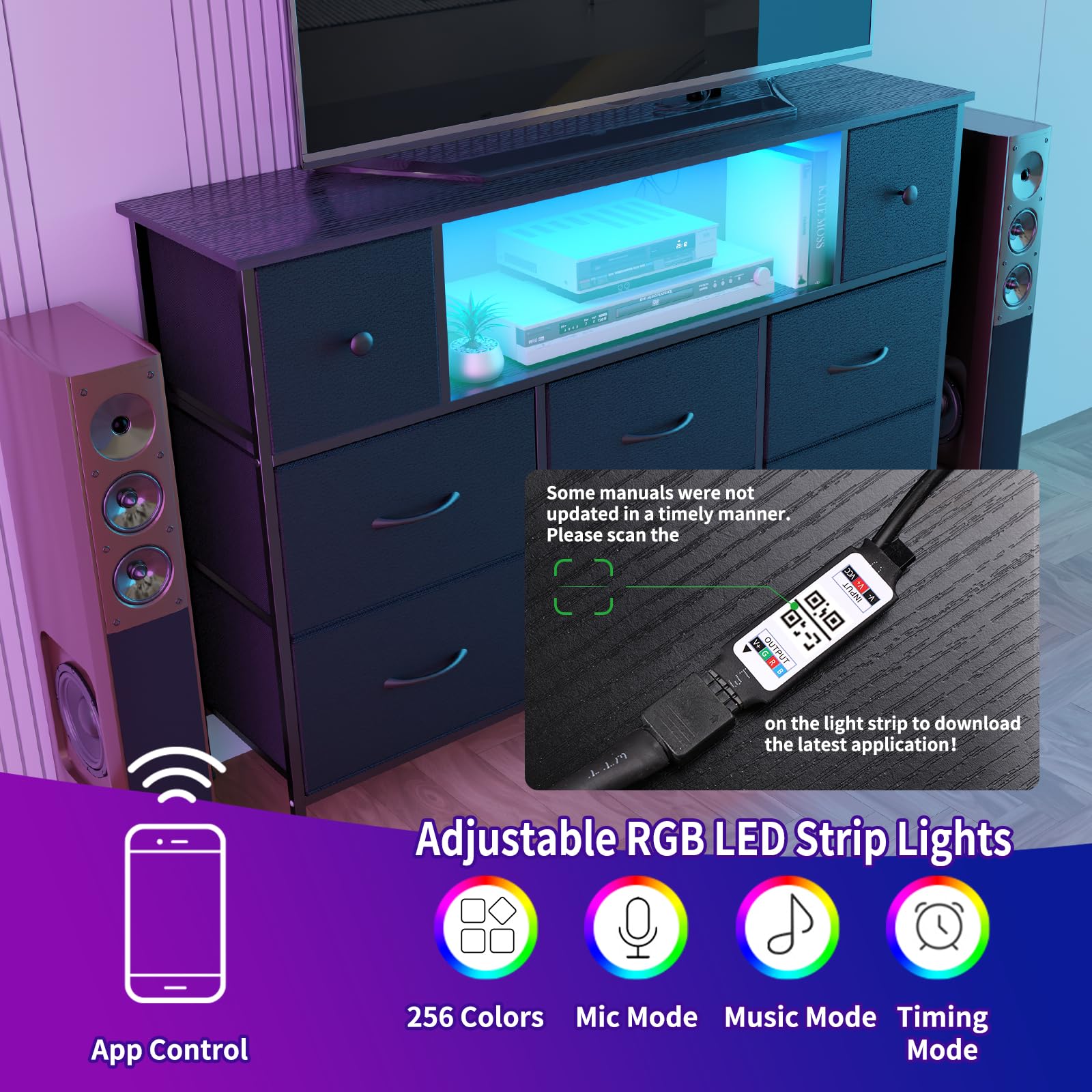 8-Drawer Dresser TV Stand with Charging Station and LED Lights