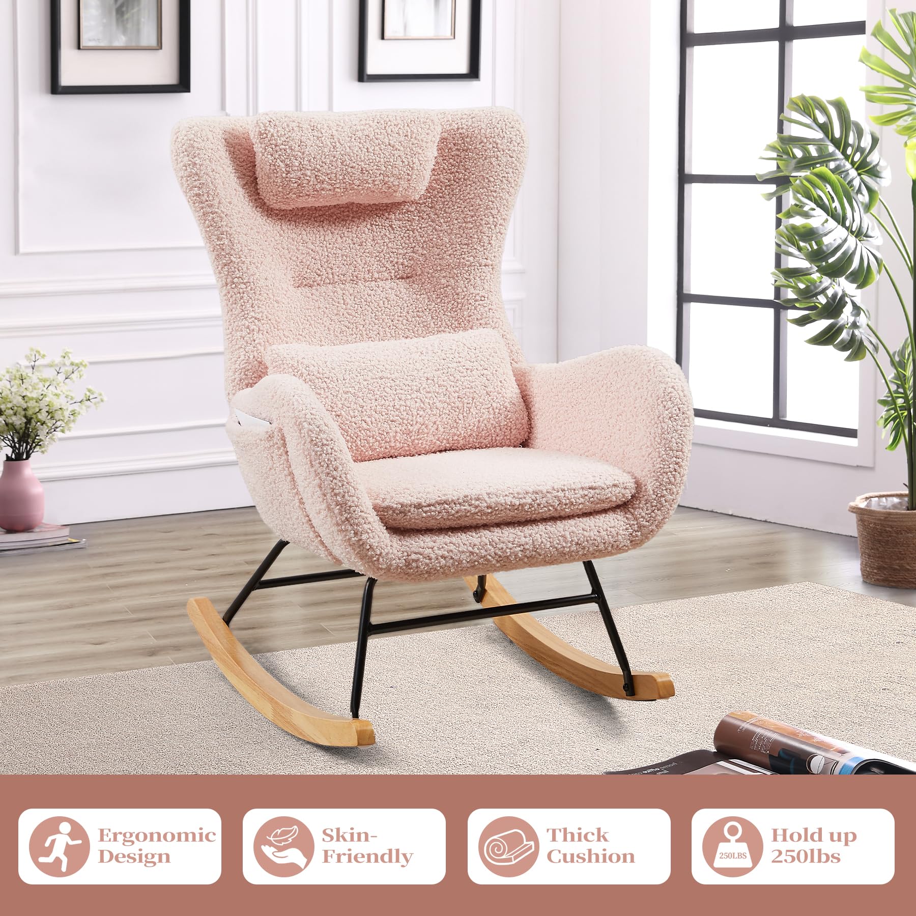 Nursery Rocking Chair with Adjustable Headrest and Lumbar Support