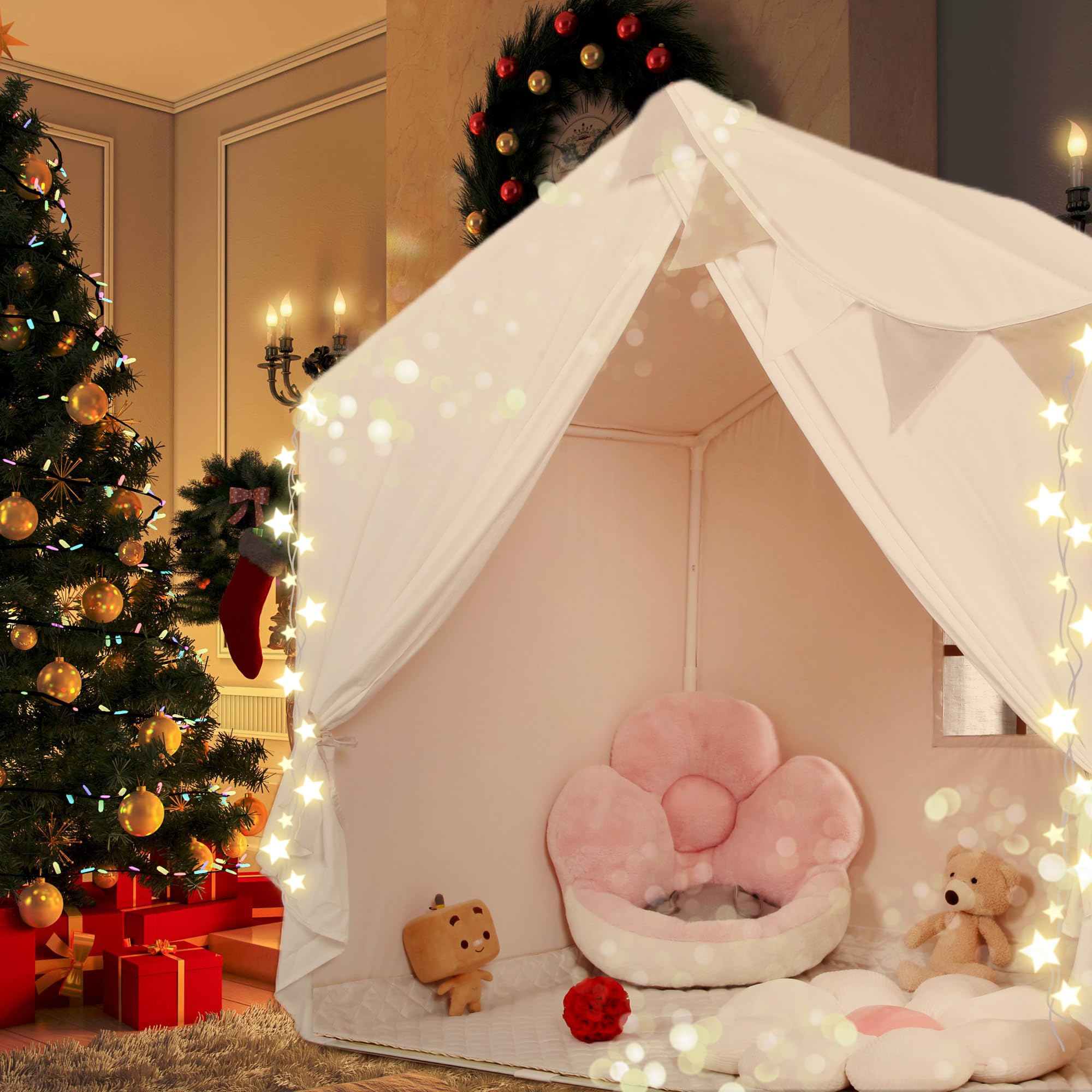 Kids Play Tent, Large Playhouse with Star Lights and Mat, Washable Indoor Toddler Teepee Tent for Boys & Girls, Children's Tent with Flags, Beige, 52L x36W x52H, Age 3+