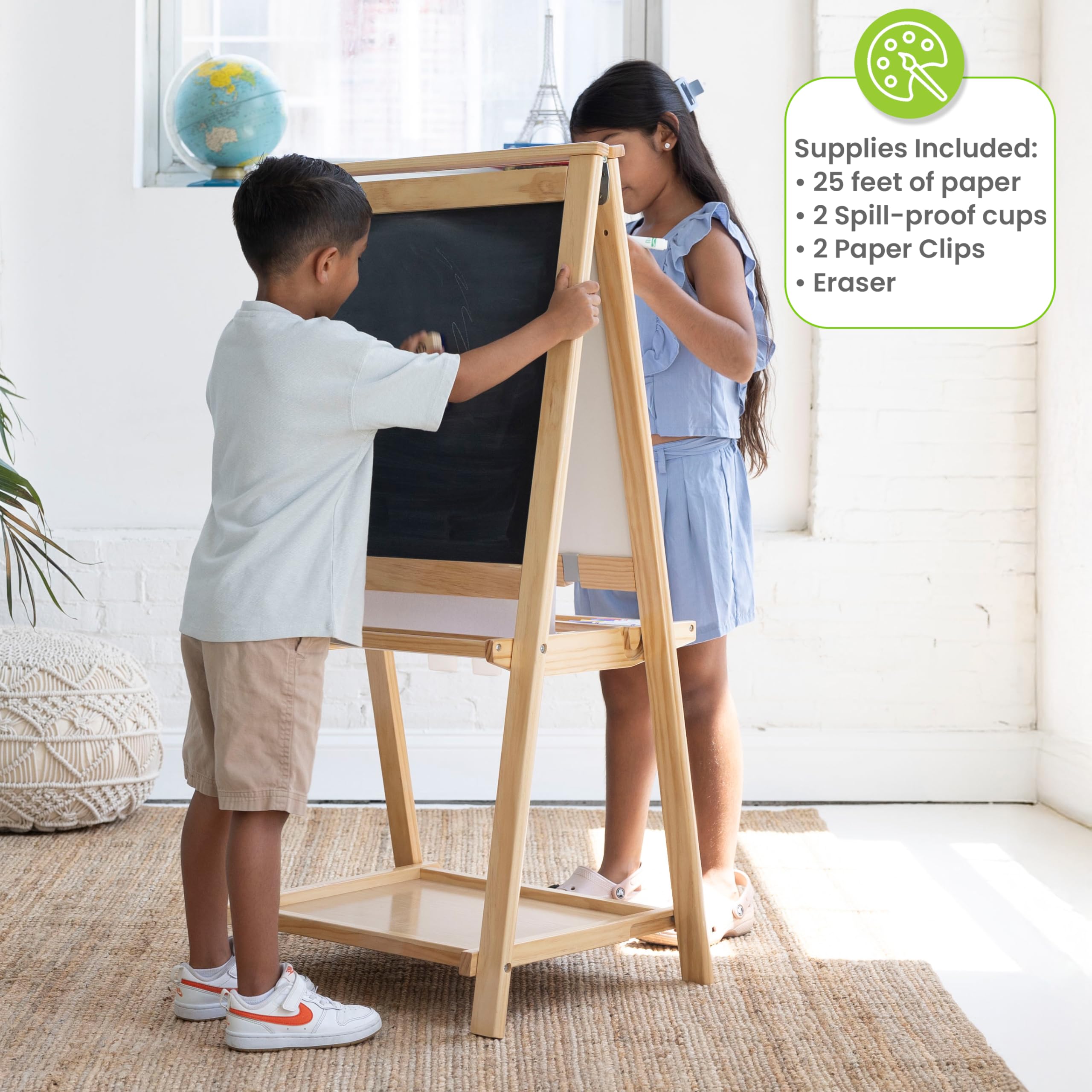 Little Partners Folding EZ Painting Easel for Kids, Dual-Sided Art Easel for Kids Art Station, Folds Flat with Chalkboard, Dry Erase Whiteboard, Paper, Eraser, Paint Cups, Shelf (Natural)