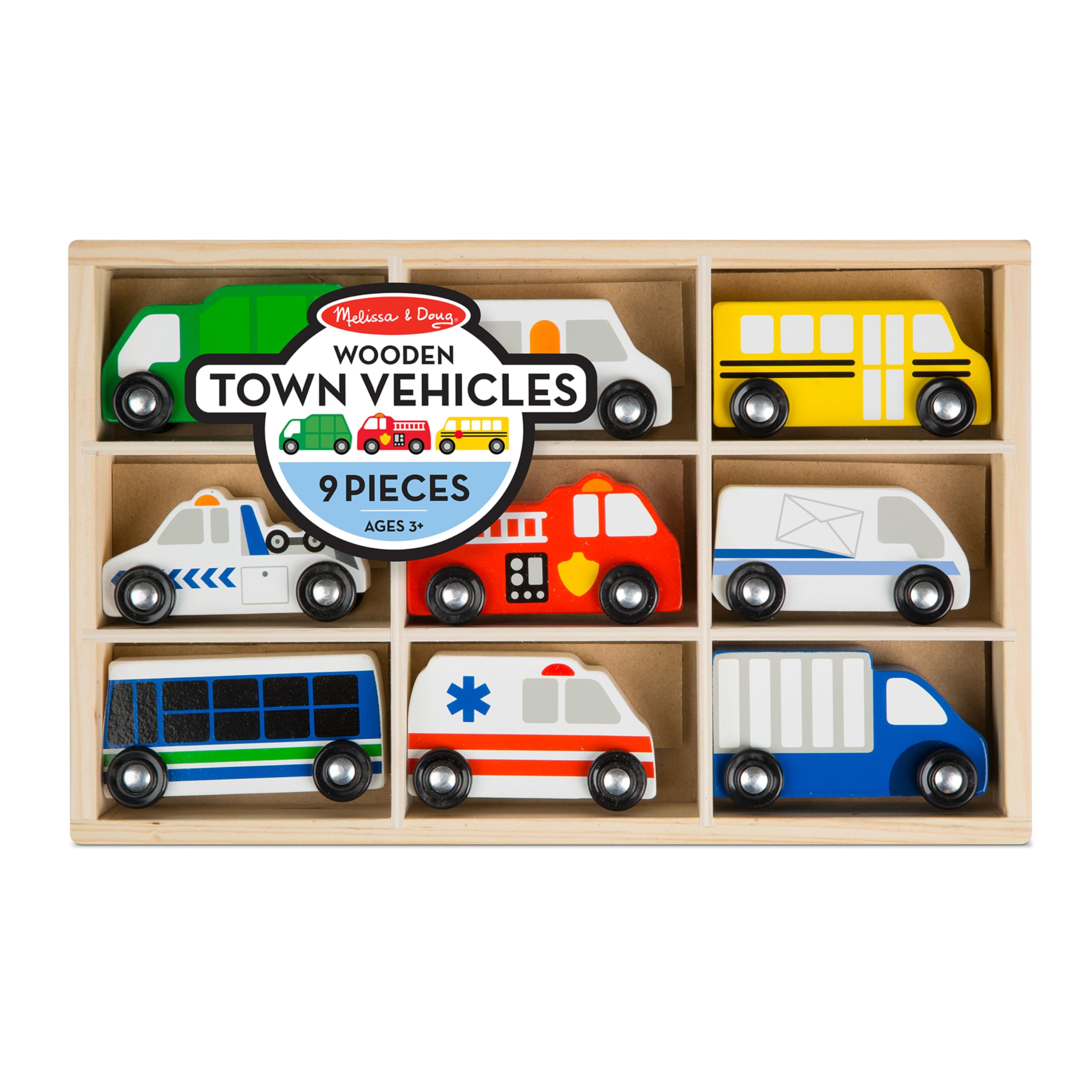 Wooden Town Vehicles Set in Wooden Tray (9 pcs)