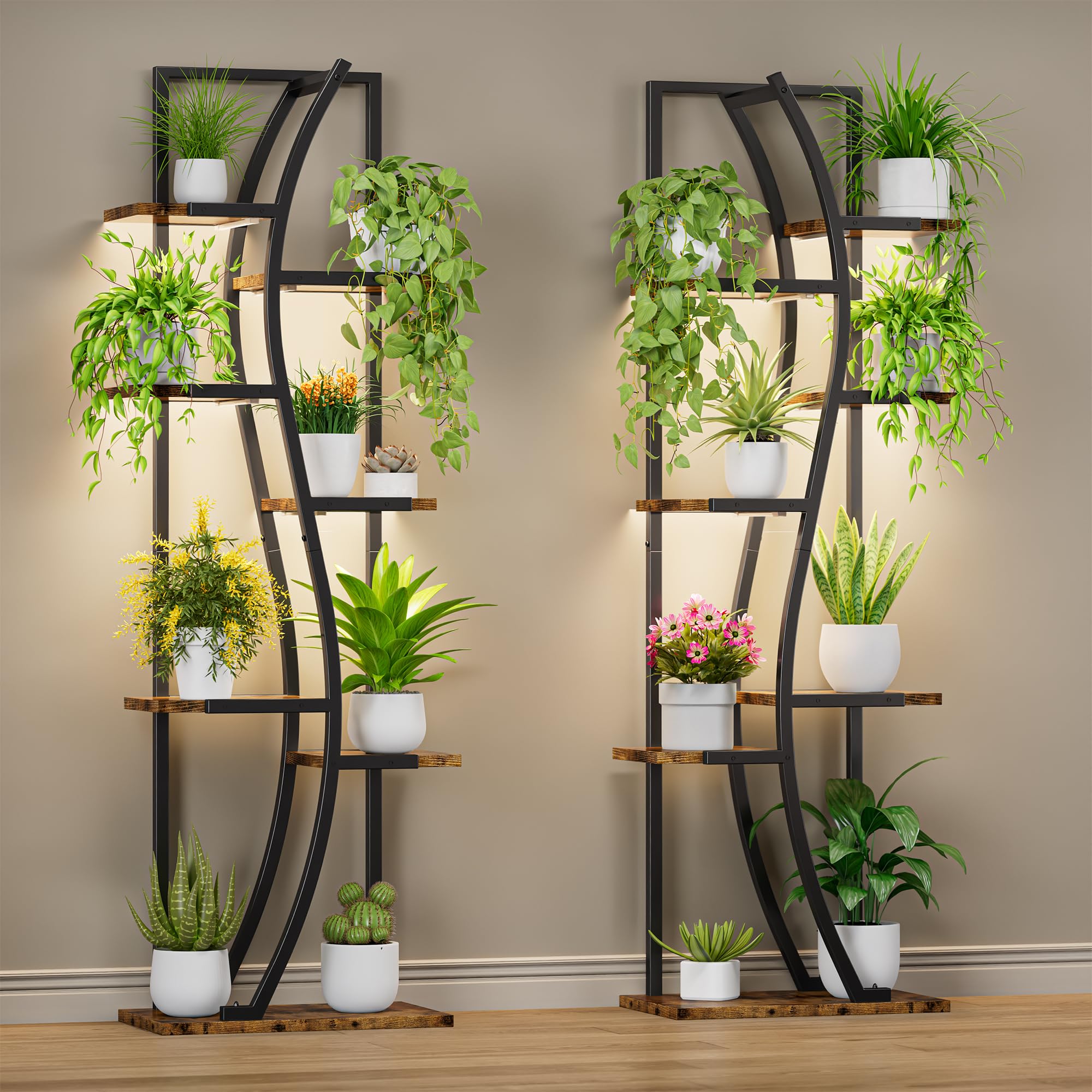 7-Tier Corner Plant Stand with Grow Light - 62" S-Shape Display Shelf Set of 2