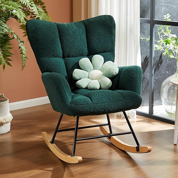 Rocking Chair Nursery, Teddy Upholstered Glider Rocker with High Backrest