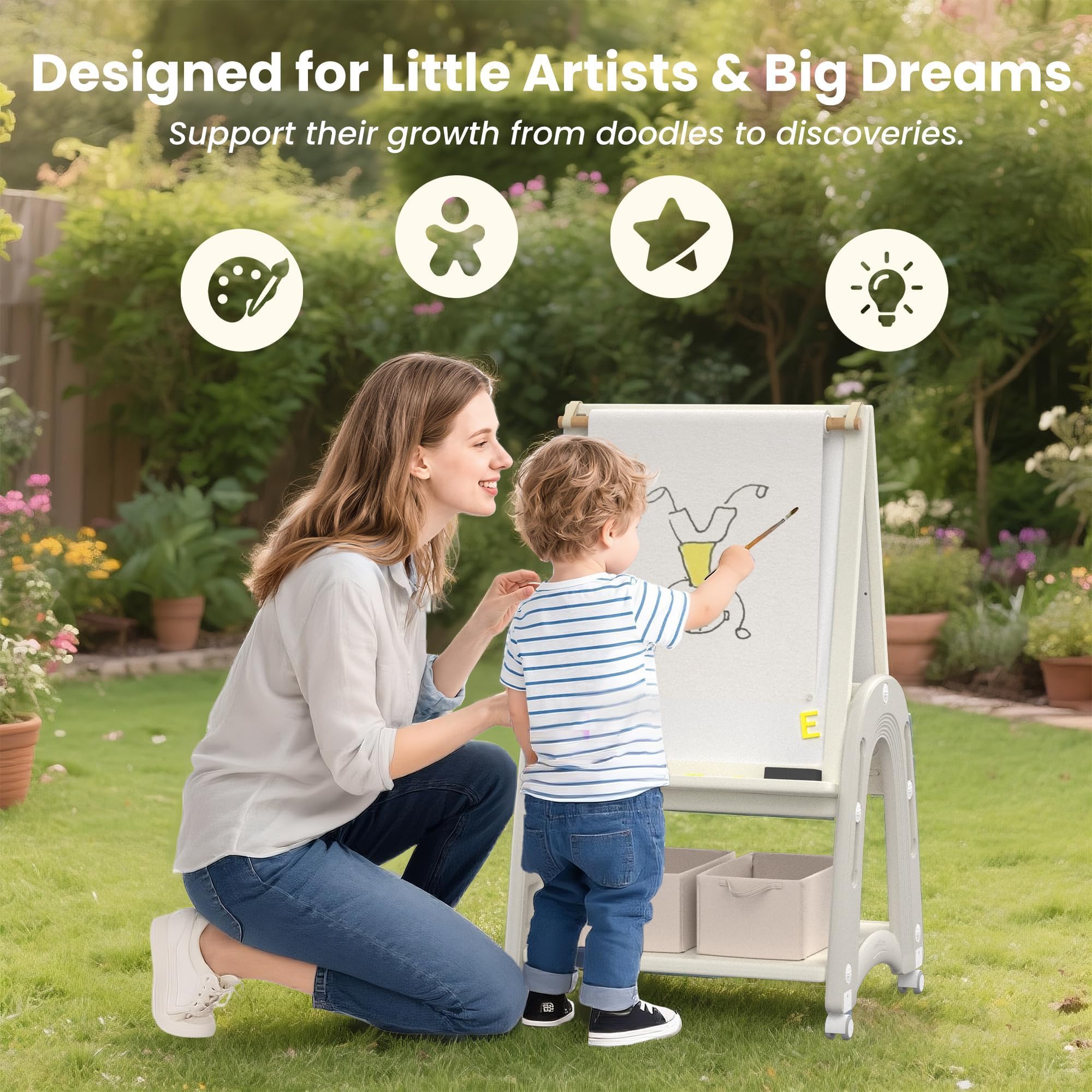 3-in-1 Adjustable Kids Art Easel with Wheels and Storage