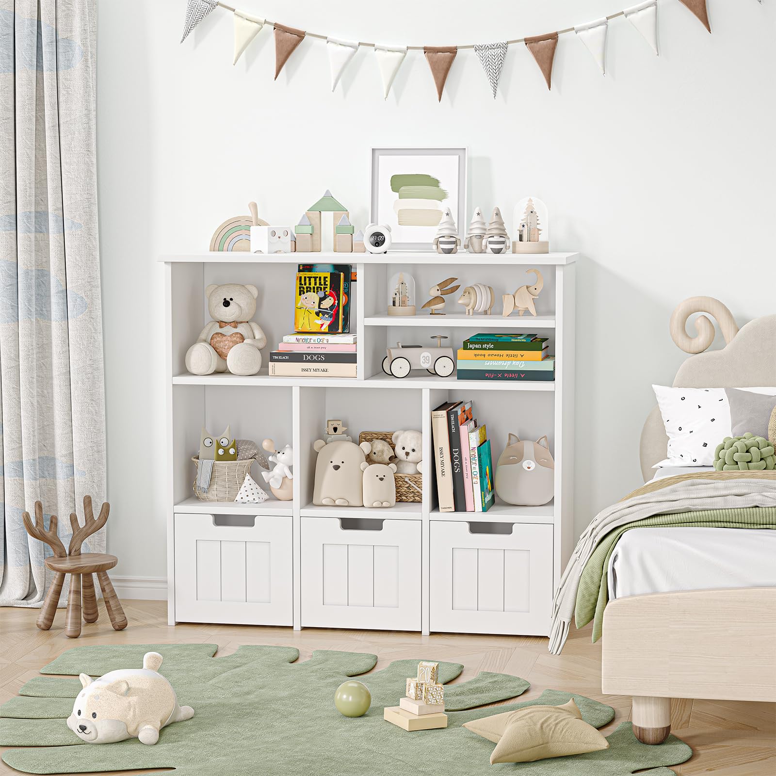 Kids Bookcase Toy Storage Organizer Toy Chest with 3 Movable Drawers & Hidden Wheels