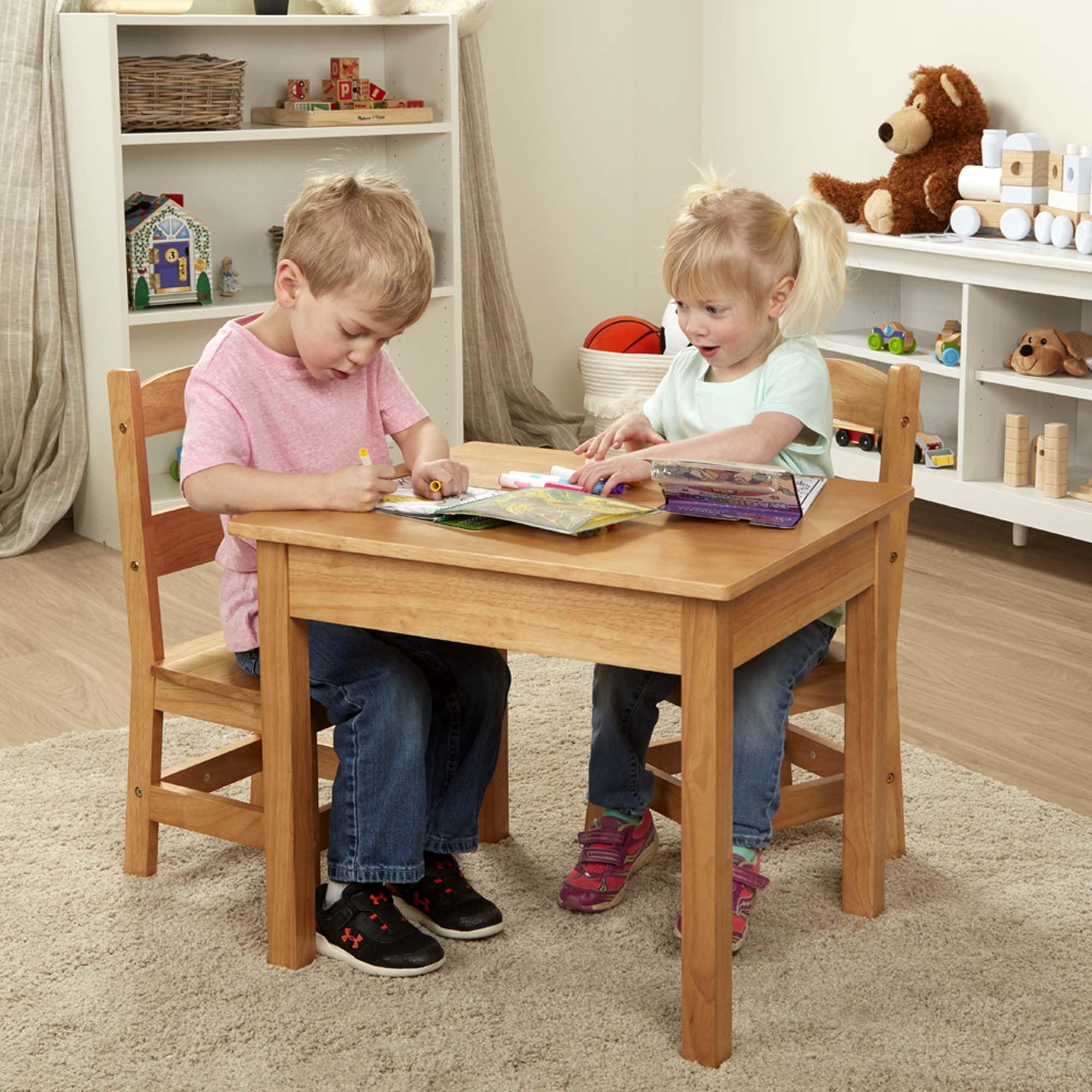 Solid Wood Table and 2 Chairs Set - Light Finish Furniture for Playroom