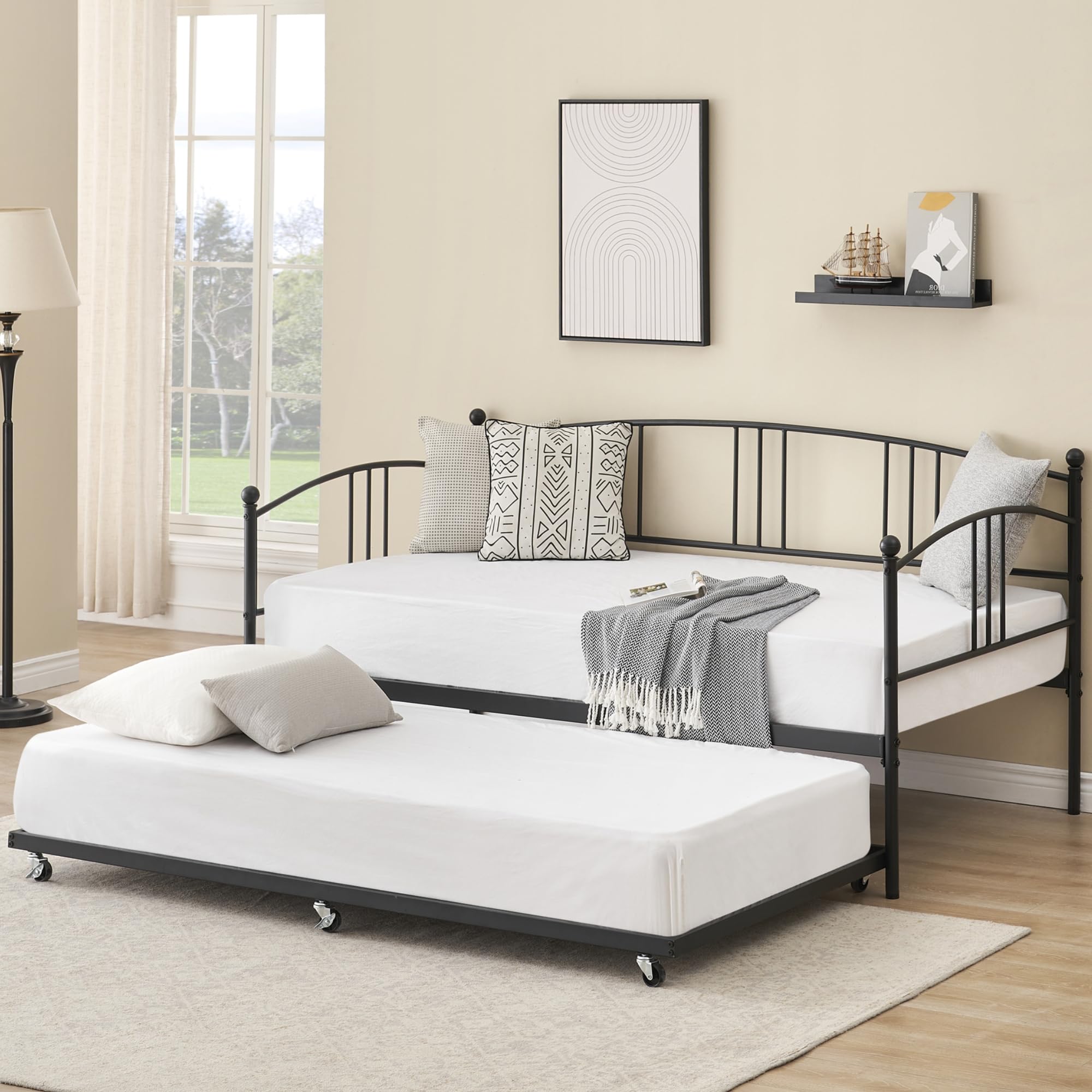 Daybed with Trundle, Metal Twin Size Day Bed