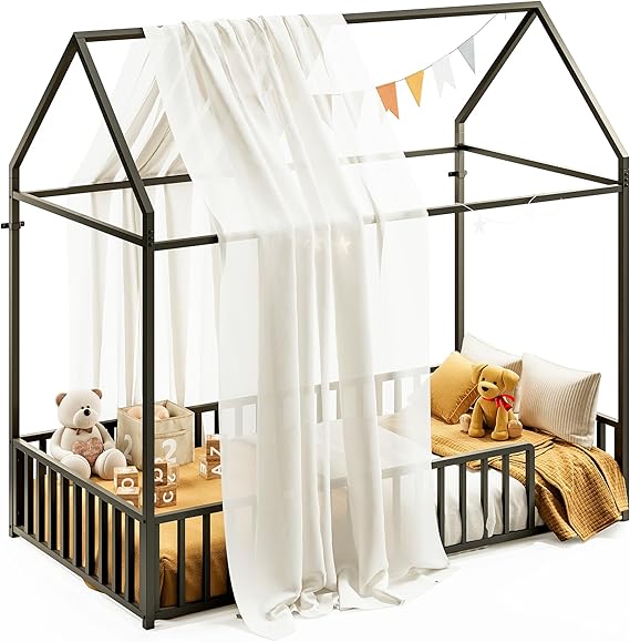 Twin Floor Bed Frame with Roof & Fence Guardrails Metal House Bed for Bedroom