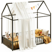 Twin Floor Bed Frame with Roof & Fence Guardrails Metal House Bed for Bedroom
