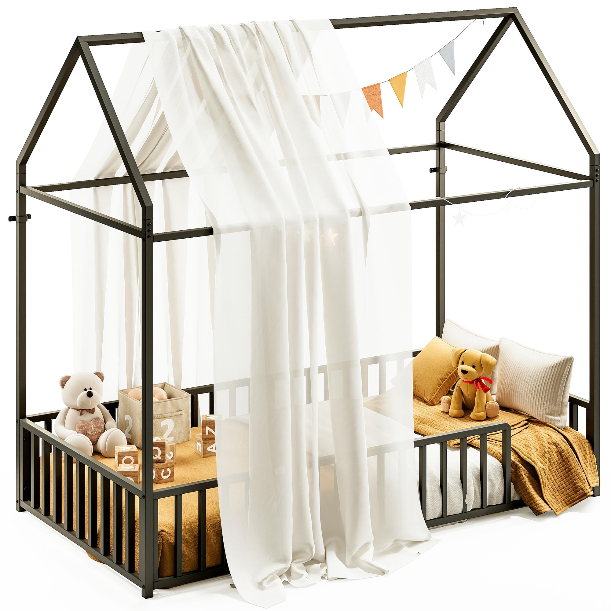 Twin Floor Bed Frame with Roof & Fence Guardrails Metal House Bed for Bedroom
