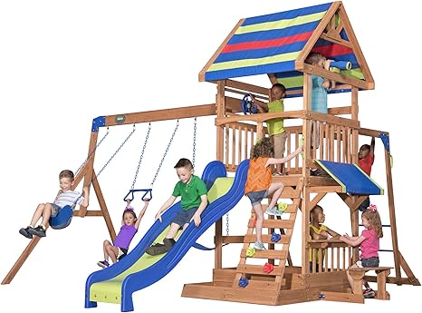 Belmont Cedar Wood Swing Set with Wave Slide, Play Decknic Area