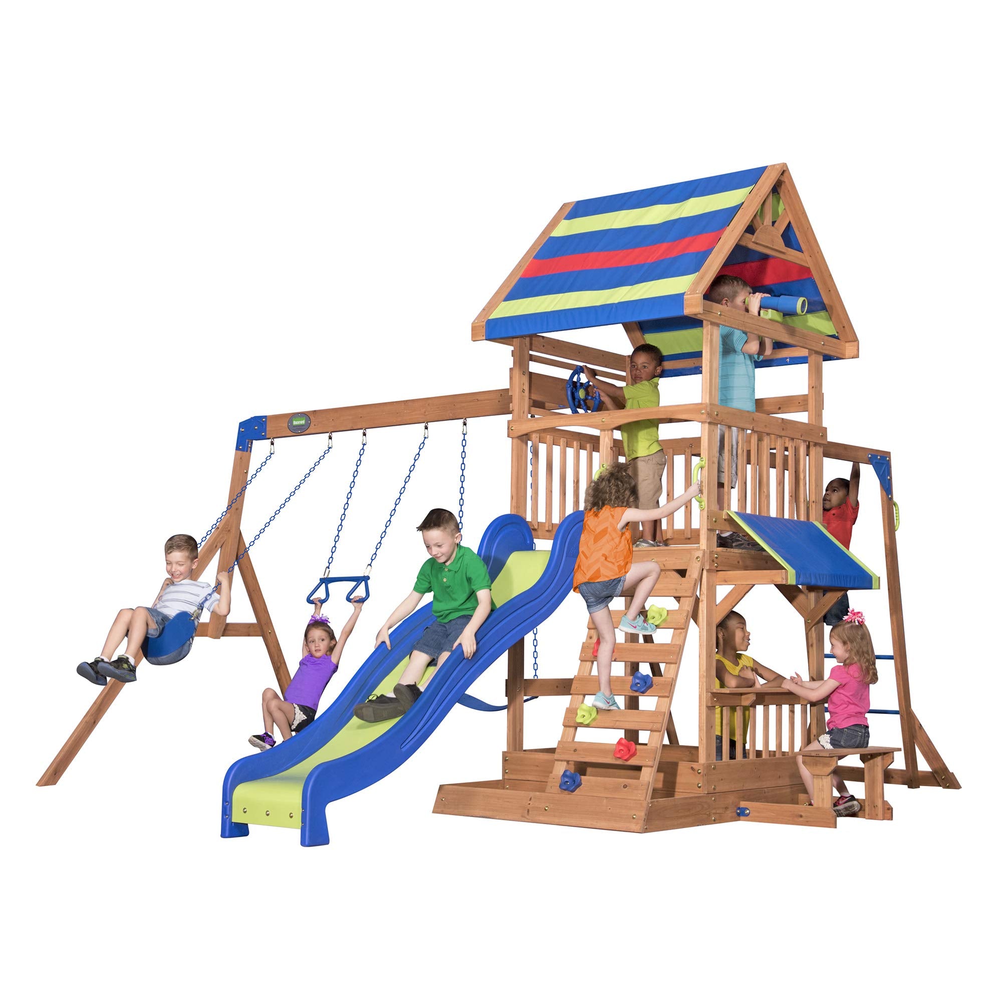 Cedar Wood Swing Set with Wave Slide and Sandbox