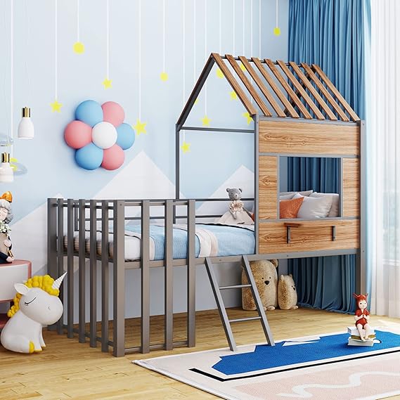 Twin Size Metal Low Loft Bed with Roof for Kids,KidsHouse Bed Twin Size