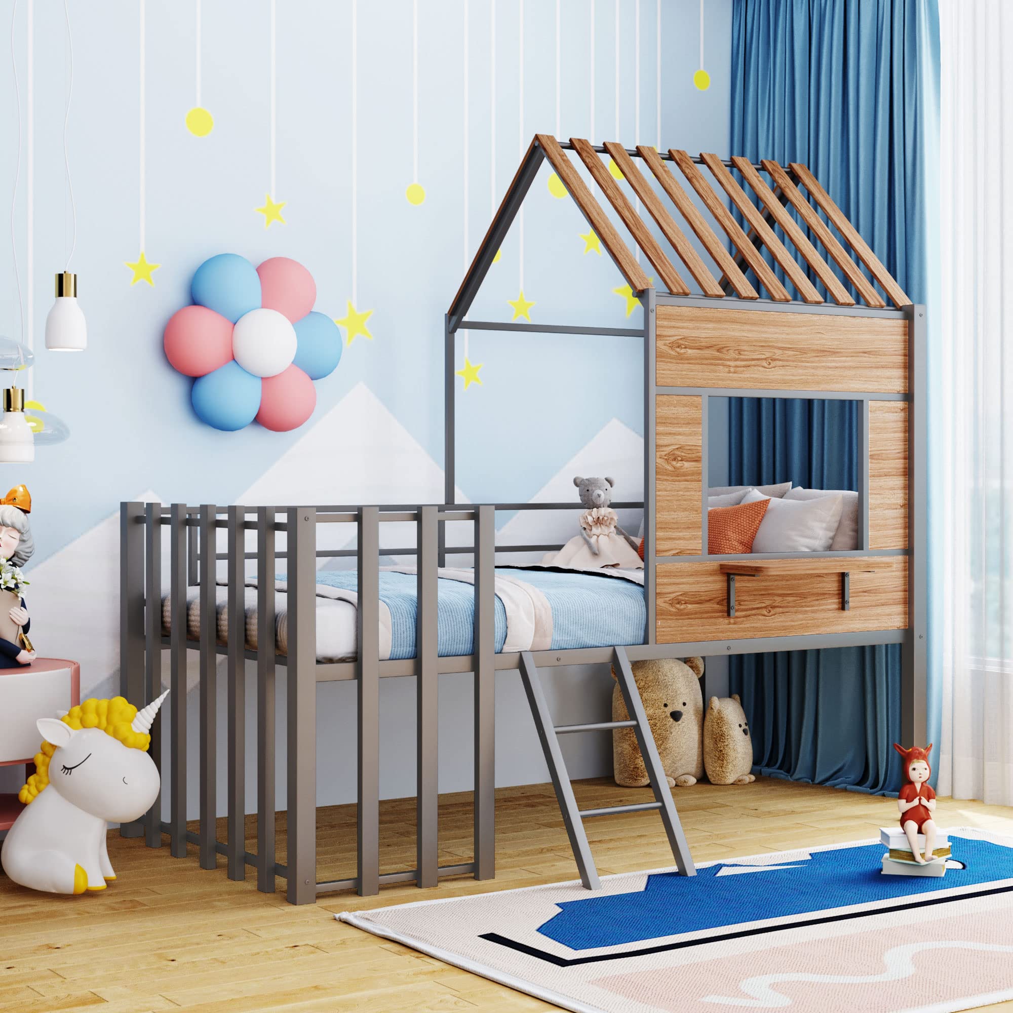 Twin Size Metal Low Loft Bed with Roof for Kids,KidsHouse Bed Twin Size