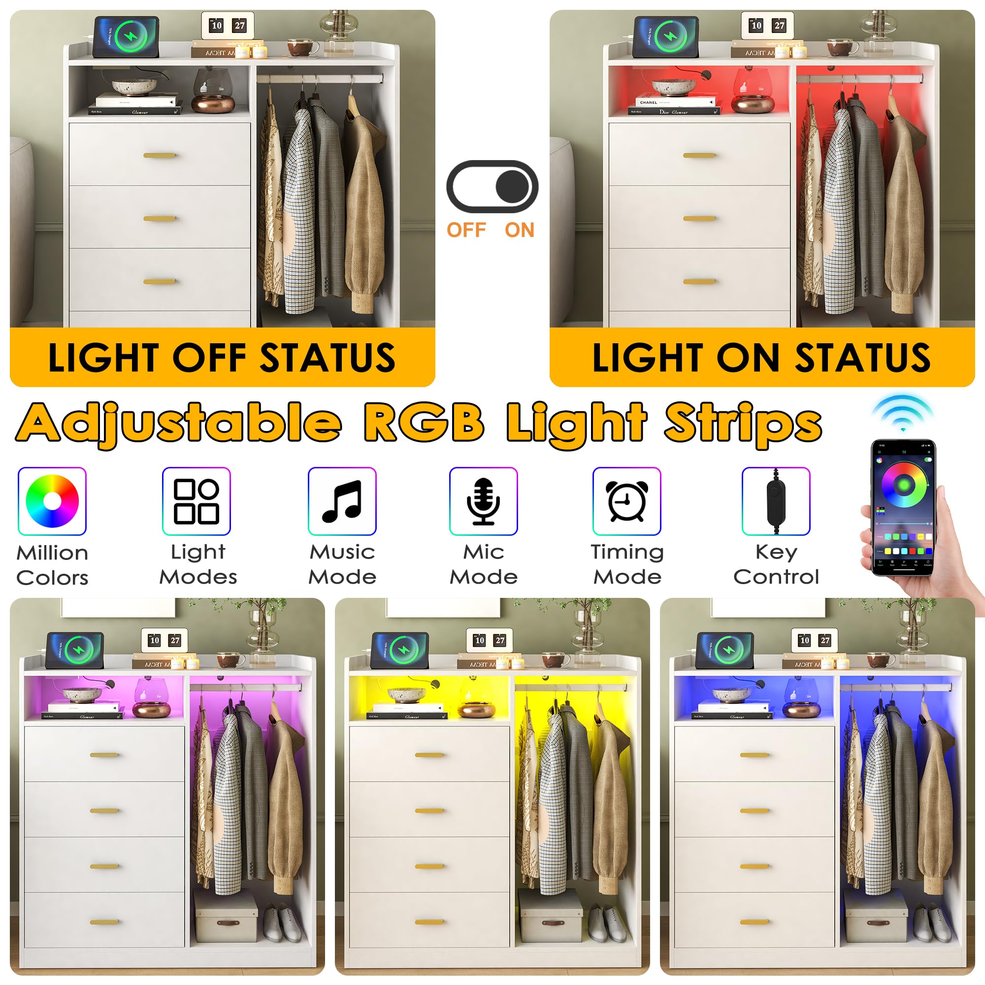 4 Drawer Dresser with Clothes Rack LED Lights and Charging Station