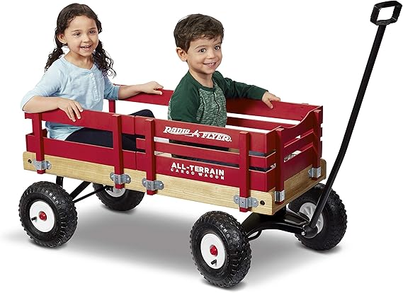 Pull Along Kids Wagon with Foldable Handle and Wooden Stake Sides