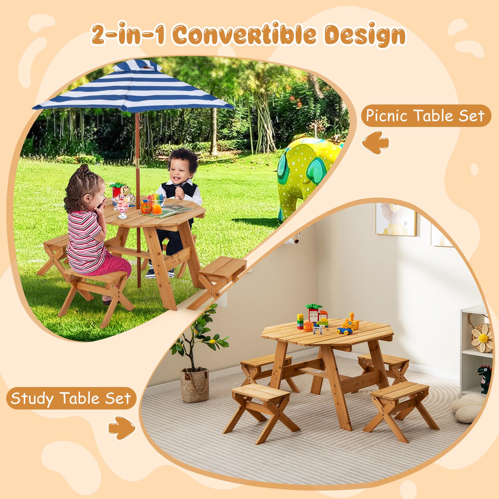 Kids Outdoor Picnic Table Set with Umbrella and 4 Stools