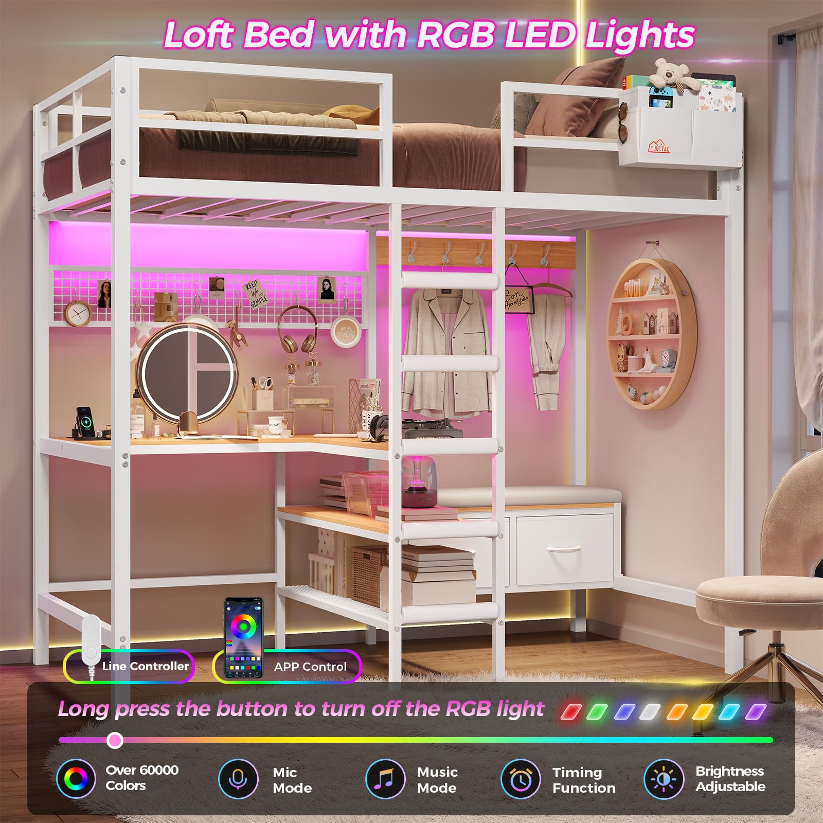 Twin Loft Bed with Desk and LED Lights