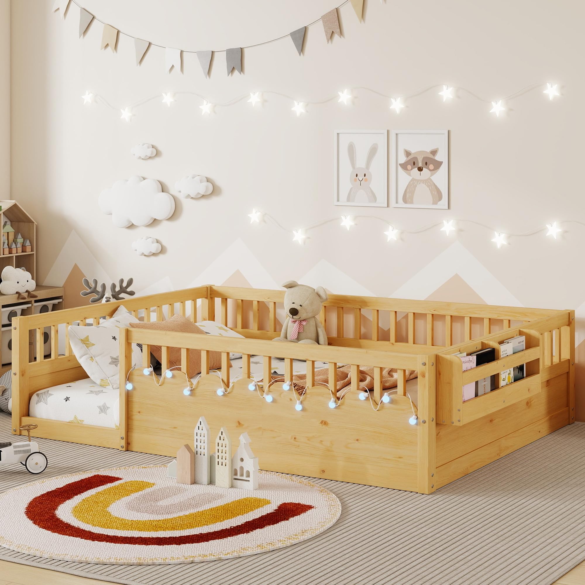 Floor Bed for Kids, Full Size Montessori Beds with High Fence Railings