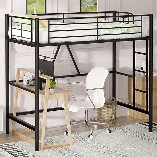 Loft Bed Twin Size, Metal Bedframe with Removable Ladder and Safety Guardrail