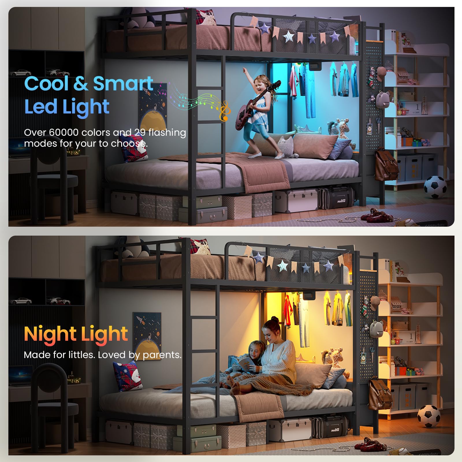 Metal Bunk Bed Twin Over Twin with Storage Drawers and LED Lights