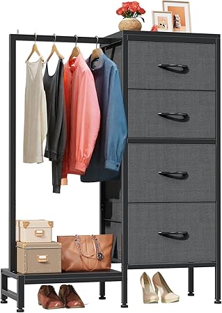 Dresser with Hanging Rack, 4 Drawers Small Closet for Bedroom