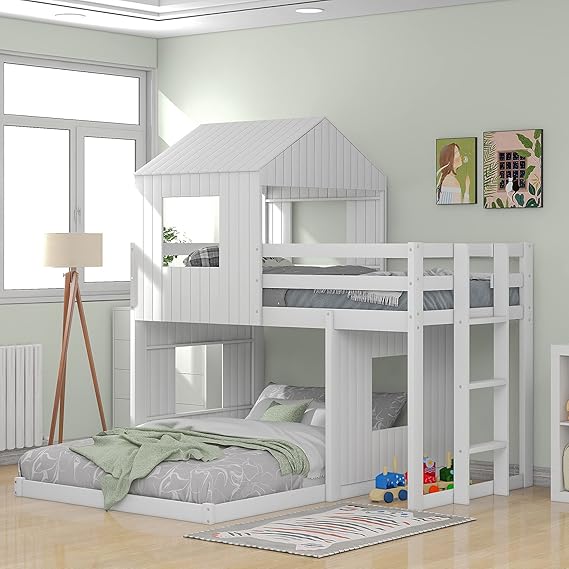 Twin Over Full Bunk Bed Frame, Solid Wood House Bunk Bed with Roof