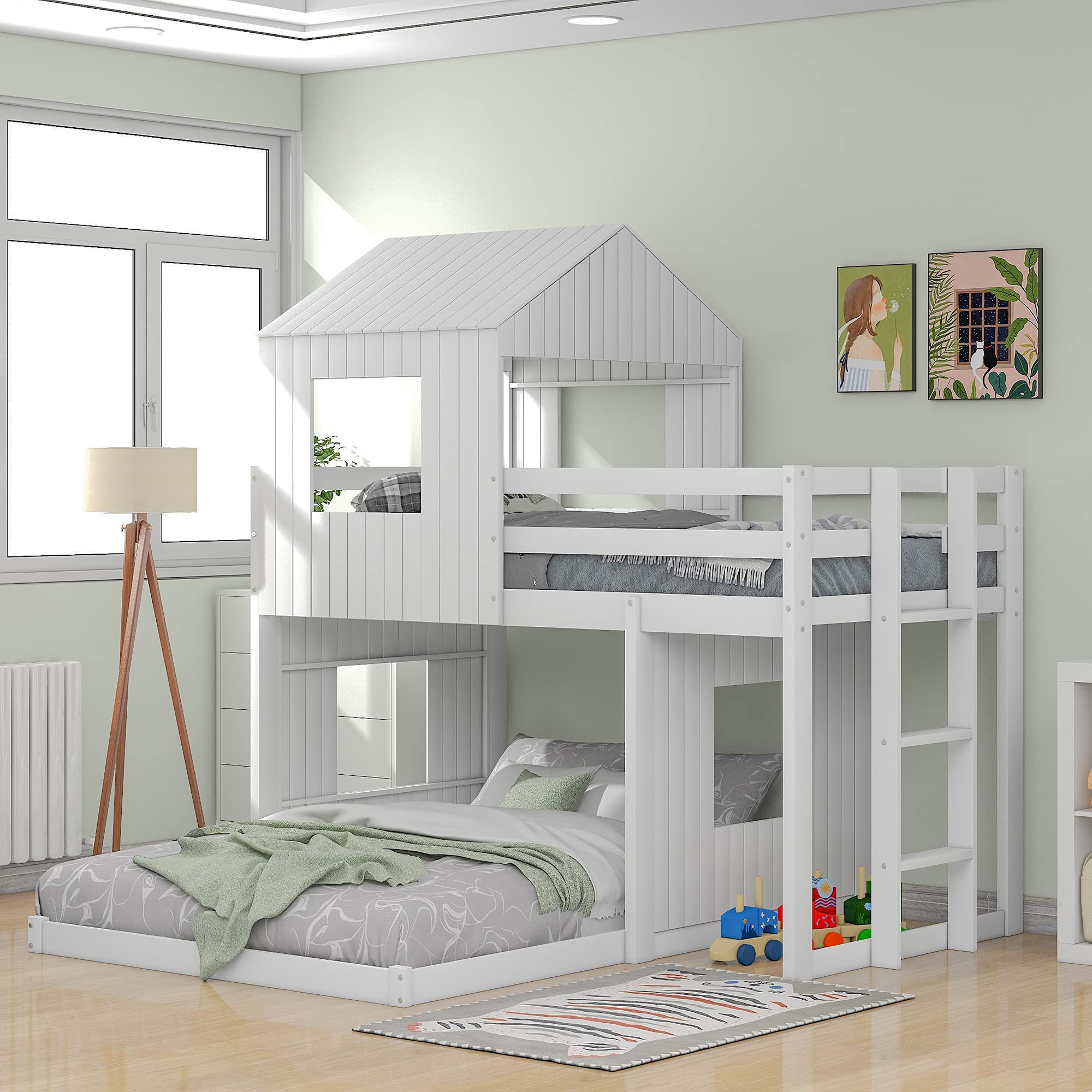 Twin Over Full Bunk Bed Frame, Solid Wood House Bunk Bed with Roof