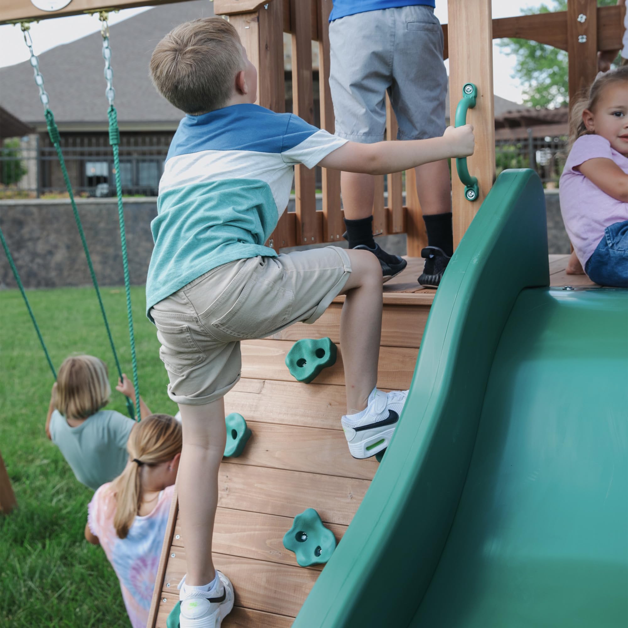 Cedar Wood Swing Set with Wave Slide Rock Wall Sandbox