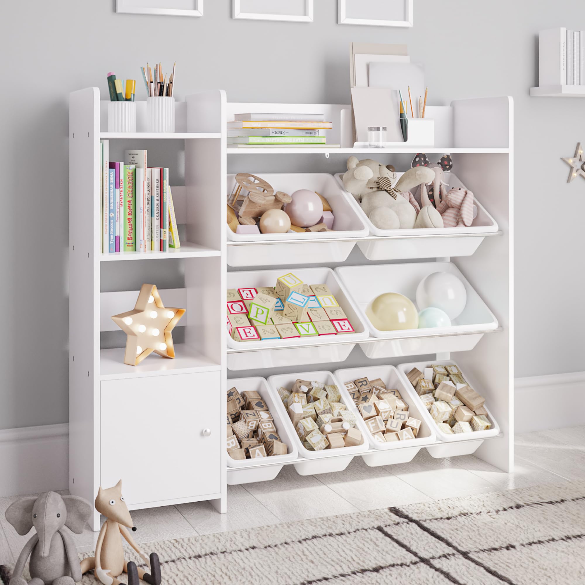Toy Storage Organizer with Kids Toy Shelf and 8 White Toy Bins – Perfect Toy Storage